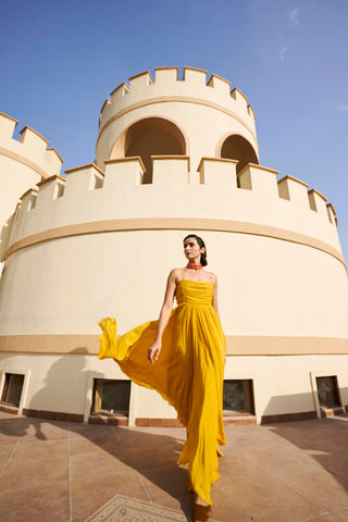 Mustard Yellow Line Embroidered Ruched Spaghetti Drop Waist Maxi Dress perfect for vacation holiday or resort look.