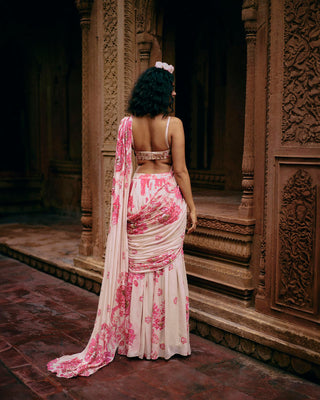 A close up look from the back of the blouse and pre-stitched saree