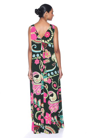 Back look of Emerald Accent Royal Paisley Inverted Box Pleat, Wide Leg Jumpsuit. Perfect for cocktail parties, dinner date or bohemian theme parties or for sundown soirees.