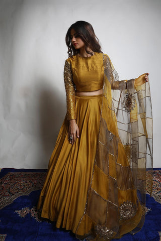 Burnt gold and grey lehenga set is perfect for wedding or special occasions