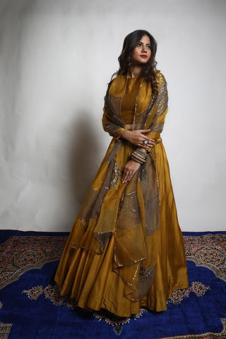 Featuring a Burnt Gold Lehenga skirt, a blouse with heavily embroidered sleeves and our signature dual coloured patchwork dupatta, hand embroidered with intricately designed Chakra motifs.