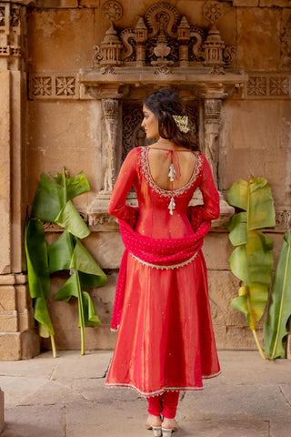 The back of the anarkali tissue dress with a decorative string tie