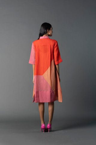 Back view of printed straight kurta set with bell sleeves and structured collar.