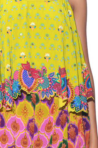 Close up look of lime yellow embroidered crop top with multi color fushion print pleated palazzo. Designer palazzo set for women.