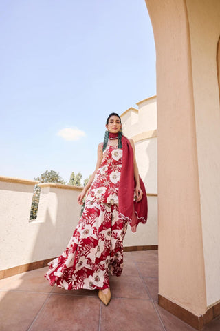 Maroon- White V-Neck sleeveless Floral Print Embroidered short kurta with Kalidar Palazzo and All over Chitta, Scallop Embroidered Dupatta