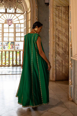 Back look of the long jacket of Emerald Green Choga Set with stylish blouse and Long Jacket