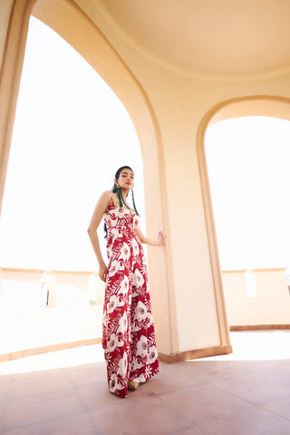 Maroon- White Floral Print Embroidered Sweetheart Neckline Sleeveless Jumpsuit.