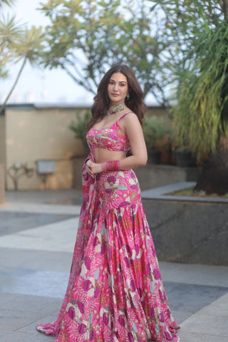 Fuschia Floral Lehenga With Blouse And Dupatta