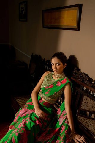 Model posing in style to show how relaxed and confy she feels in this indian designer wear. Ease to wear gives you stylish look.