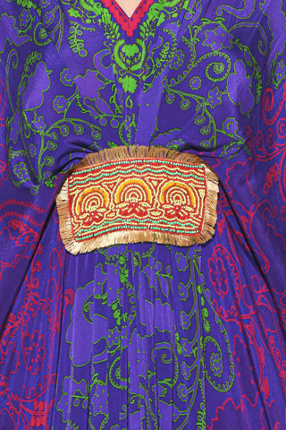 close up of Royal Paisley Pleated Kaftan with Hand Bead Embroidery. elegant and vibrant fusion wear for women.
