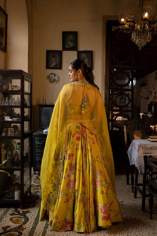 Yellow lehenga set from the back