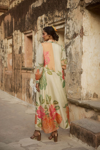 Paulmi and Harsh model posing the back of the Jacket in floral print. The perfect dress for party, event, celebration and festival.