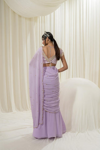 Lavender pre-stitched saree look for the back with deep V neck blouse from back.