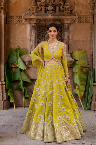 Featuring a lime green hand embroidered lehenga in silk base with chiffon floral patchwork, dori and resham embroidery with sequins and pearls. It is paired with a matching hand embroidered lime green sleeveless blouse in silk with deep V-neckline. It comes with a lime green embroidered organza dupatta.