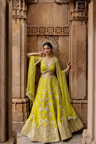 Model posing in light green Ivory by Dipika wedding attire