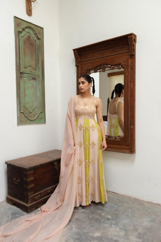 An indian designer anarkali attire in ombre colours is perfect ethnic women dress for Diwali party, Sundowner Diwali nights, wedding ceremonies etc.