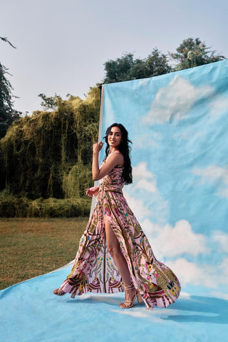 Elegant one-shoulder embroidered evening gown with ruched waist, draped side slit, and tie-up cuff — perfect for formal dinners or gala nights.