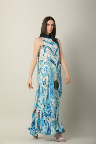 Trendy blue paisley-printed dress with organza tie-up neckline. A stylish and versatile look for modern summer fashion.