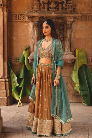 Designer Indian Wedding Sangeet Lehenga Attire in mocha designed by Ivory by Dipika