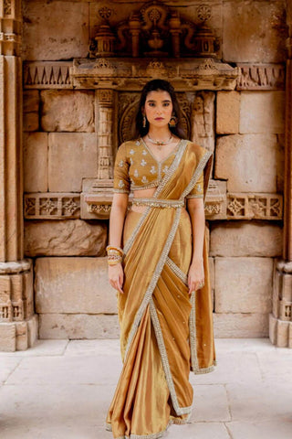 Featuring a mocha pre-stitched, pre-draped, ready to wear saree in zari woven tissue base with dori and sequins hand embroidered borders. It is paired with a mocha blouse with hand embroidered floral bootis in silk base and a matching silk embroidered waist-belt with coin hangings. Designed by Ivory by Dipika