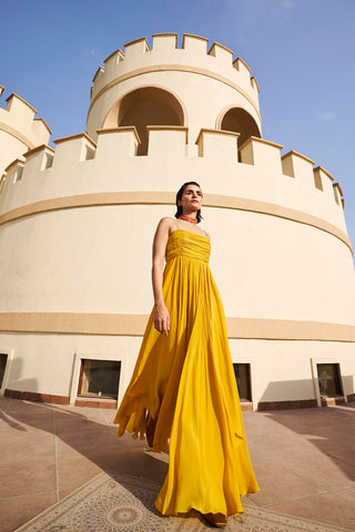 Mustard Yellow Line Embroidered Ruched Spaghetti Drop Waist Maxi Dress