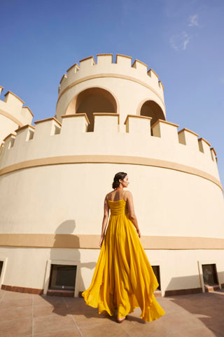 Mustard Yellow Line Embroidered Ruched Spaghetti Drop Waist Maxi Dress -side look