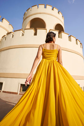 Mustard Yellow Line Embroidered Ruched Spaghetti Drop Waist Maxi Dress from back 