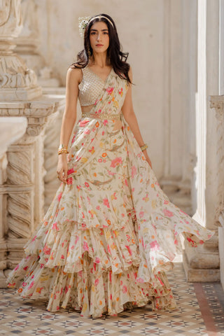 chintz and bird printed pre-draped saree with belt and blouse in off-white colour designed by Paulmi and Harsh