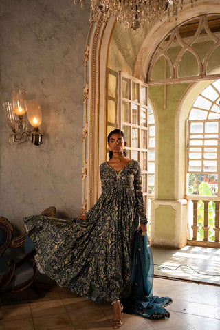 Navy blue cotton silk V neck wildflower print with full flair long sleeves Anarkali Suits 