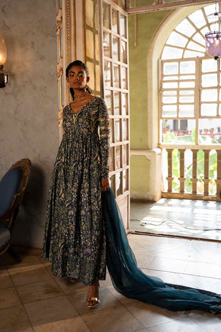 Mayra Navy Blue Wildflower print Anarkali Set designed by Paulmi and Harsh. A perfect women clothing for Indian or south asian traditional ceremonies, formal events, Festivities, weddings, engagement, formal work events, evening parties etc.