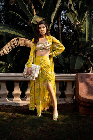 Garden of bloom yellow long jacket set with crop top and dhoti skirt designed by Paulmi and Harsh. Perfect for casual celebration, festivity, ceremonies and wedding events women clothing.