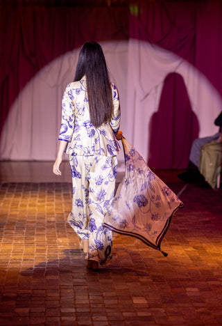 Floral printed jacket and flared pants set , featured on the Australian Fashion Grandeur runway.