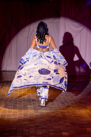 Back shot of flower printed jacket set at fashion event in sydney. Catwalk highlights.
