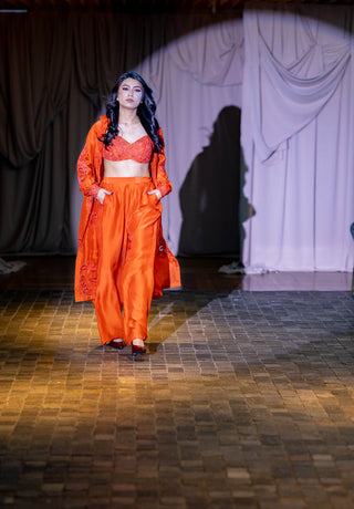 Model in designer Vermilion Silk Organza Designer 3-piece jacket set at Australian Fashion Grandeur runway.