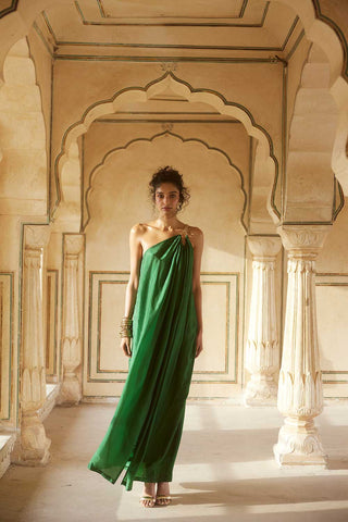 Indo Western Emerald Green One Shoulder Maxi Dress with floral cutwork embroidery  on habutai silk fabric designed by Paulmi and Harsh. A perfect women clothing a beach wear, party, summer wear, date dinner, a dress to flaunt and style.