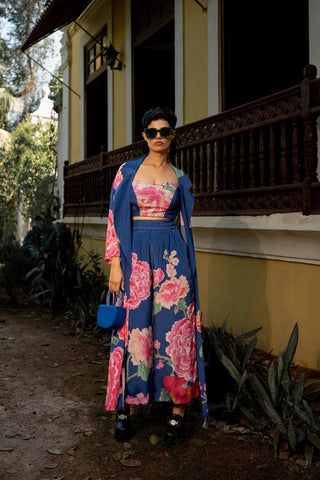 Indo Western blue shade jacket set in vibrant floral print designed by Paulmi and Harsh. A perfect women clothing for evening outwear, a beach wear, party, summer wear, dinner date, fancy brunch date, a dress to flaunt and style for any occasion.