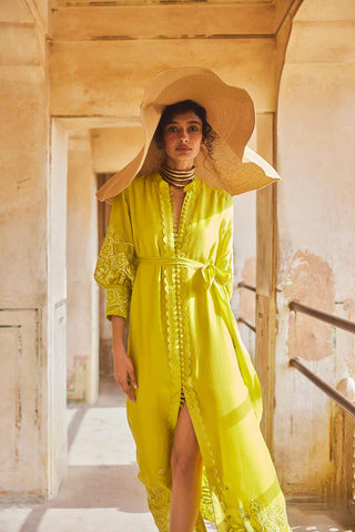 Lime Yellow Cutwork Long Sleeves Maxi with Belt designer by Paulmi and Harsh. An indo-western dress for casual outing or parties, events or any occasions.