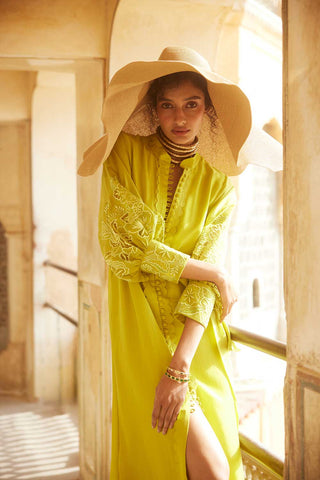 Lime Yellow Cutwork Long Sleeves Maxi with Belt designer by Paulmi and Harsh. An indo-western dress for casual outing or parties, events or any occasions.