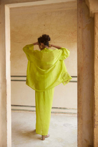 Back look of the cape and skirt in lime yellow made in silk organza fabric