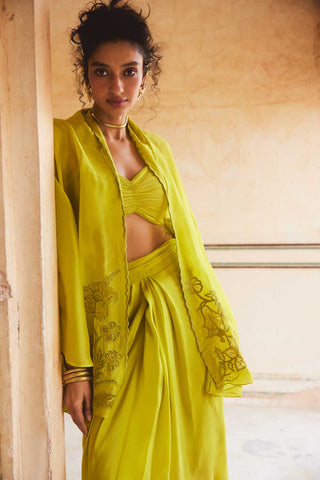 Lime Yellow crop Top, Cape and skirt called Choga Set designed by Paulmi and Harsh. A perfect women clothing for Indian or south asian traditional ceremonies, formal events, Festivities, weddings, engagement, evening functions, special occasions, formal work events, evening parties etc.