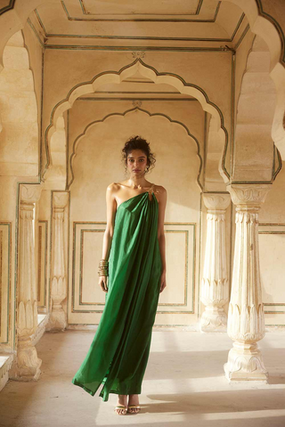 Paulmi and Harsh model posing in Green 1 shoulder designer long party dress