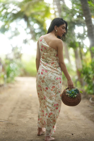 Back look of One Shoulder Off White Floral Print Dress W knot designed by Paulmi and Harsh.