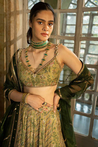 Polvina sage green tropical lehenga set designed by Paulmi and Harsh. A perfect women clothing for Indian or asian traditional ceremonies, Festivities, wedding, engagement, parties.