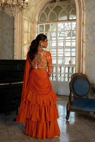 Back look of Amayra Rust Organza Pre-drapped Saree With Blouse and Belt