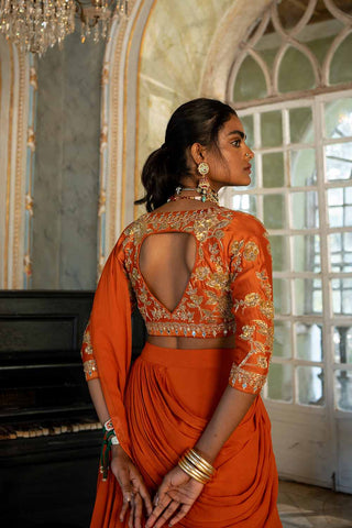 Back look of Amayra Rust Organza Pre-drapped Saree With Blouse and Belt