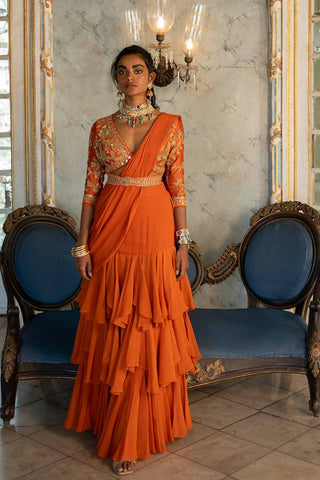 Amayra Rust Organza Pre-drapped Saree With Blouse and Belt a perfect look for wedding, sangeet, engagement ceremonies and cocktail party