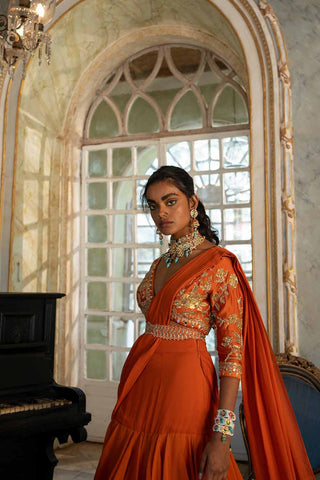 Amayra Rust Organza Pre-drapped Saree With Blouse and Belt a perfect look for wedding, sangeet, engagement ceremonies and cocktail party