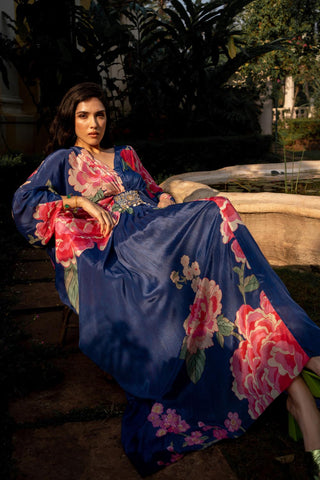 Indo Western Blue Floral Print Kaftan Set on crepe fabric designed by Paulmi and Harsh. A perfect women clothing for evening outwear, everyday wear, a beach wear, party, summer wear, dinner date, engagement parties, fancy brunch date, a dress to flaunt and style for any occasion.