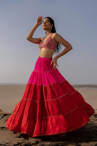 Rani Pink Red Tier Ghagara Set