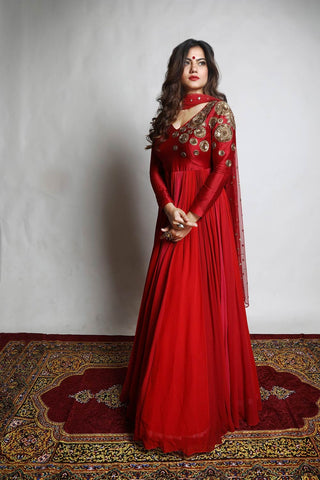 Red Anarkali with embroidery is perfect for bridal wedding ceremonies